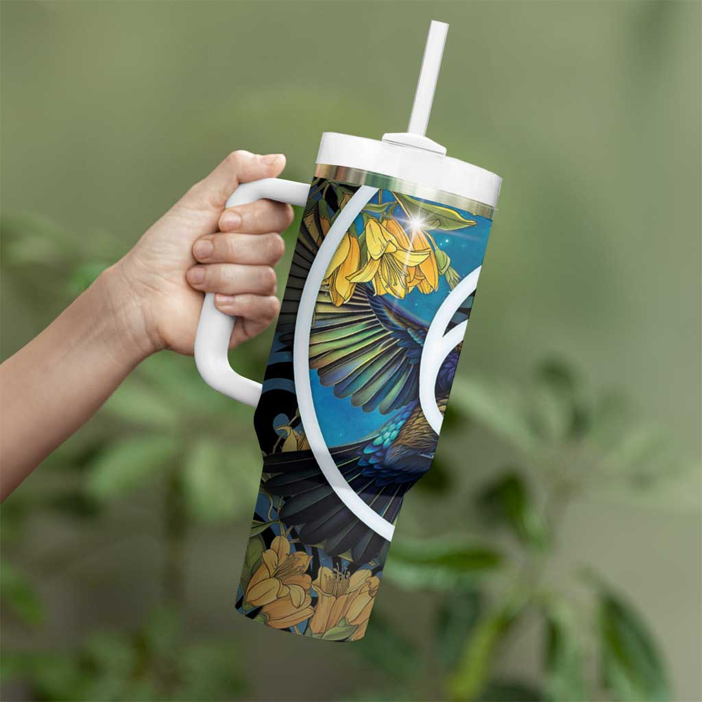 New Zealand Tui Bird Tumbler With Handle Maori Koru With Kowhai Flowers