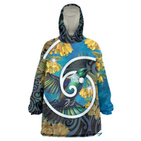 New Zealand Tui Bird Wearable Blanket Hoodie Maori Koru With Kowhai Flowers LT05 One Size Black - Polynesian Pride
