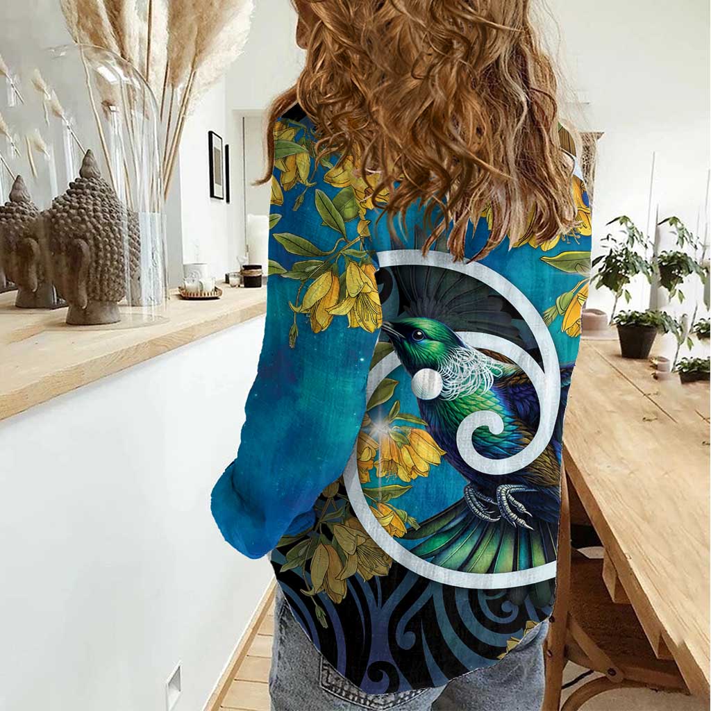 New Zealand Tui Bird Women Casual Shirt Maori Koru With Kowhai Flowers LT05 - Polynesian Pride