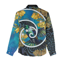 New Zealand Tui Bird Women Casual Shirt Maori Koru With Kowhai Flowers LT05 - Polynesian Pride