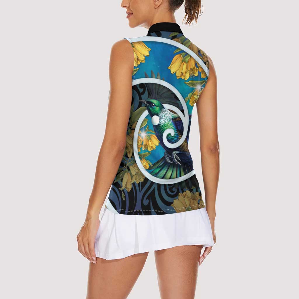 New Zealand Tui Bird Women Sleeveless Polo Shirt Maori Koru With Kowhai Flowers LT05 - Polynesian Pride