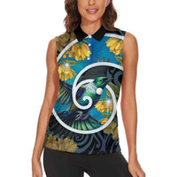 New Zealand Tui Bird Women Sleeveless Polo Shirt Maori Koru With Kowhai Flowers LT05 - Polynesian Pride