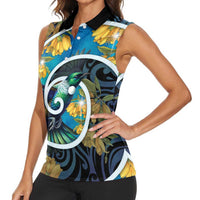 New Zealand Tui Bird Women Sleeveless Polo Shirt Maori Koru With Kowhai Flowers LT05 - Polynesian Pride