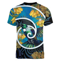 New Zealand Tui Bird Women V-Neck T-Shirt Maori Koru With Kowhai Flowers LT05 - Polynesian Pride