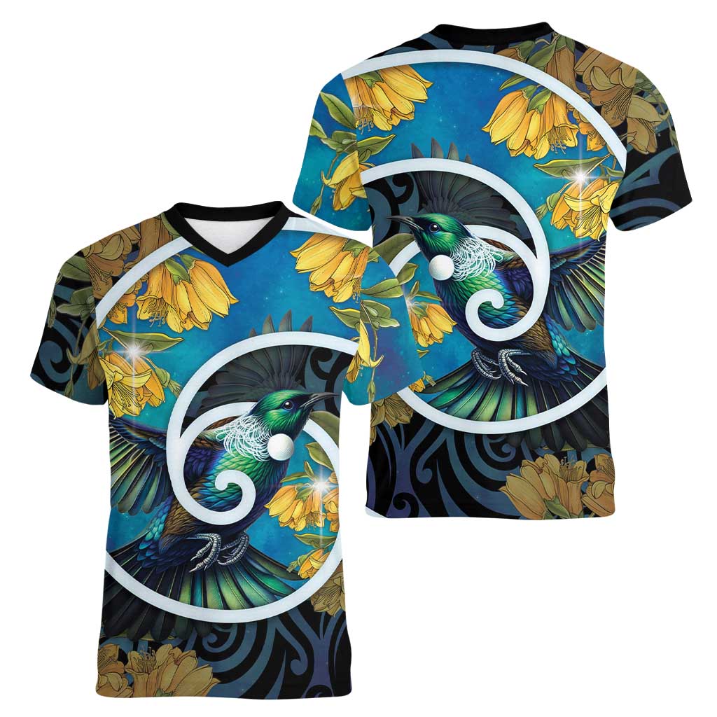 New Zealand Tui Bird Women V-Neck T-Shirt Maori Koru With Kowhai Flowers LT05 - Polynesian Pride