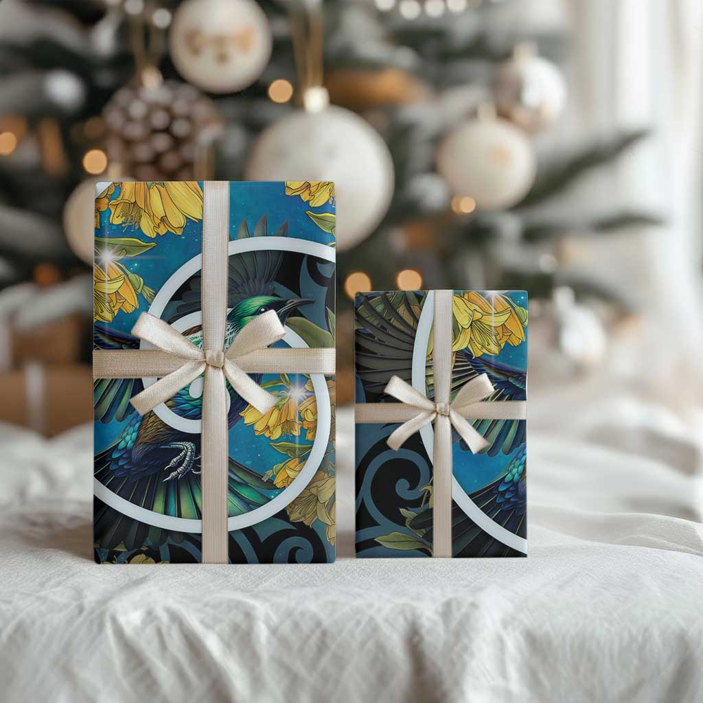 New Zealand Tui Bird Wrapping Paper Maori Koru With Kowhai Flowers