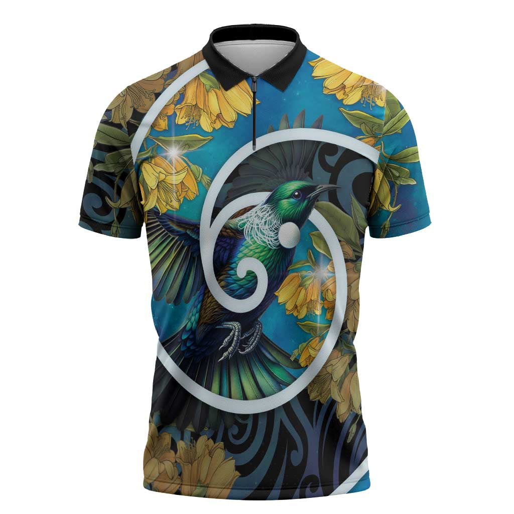 New Zealand Tui Bird Zipper Polo Shirt Maori Koru With Kowhai Flowers LT05 Black - Polynesian Pride