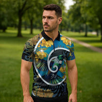 New Zealand Tui Bird Zipper Polo Shirt Maori Koru With Kowhai Flowers LT05 - Polynesian Pride