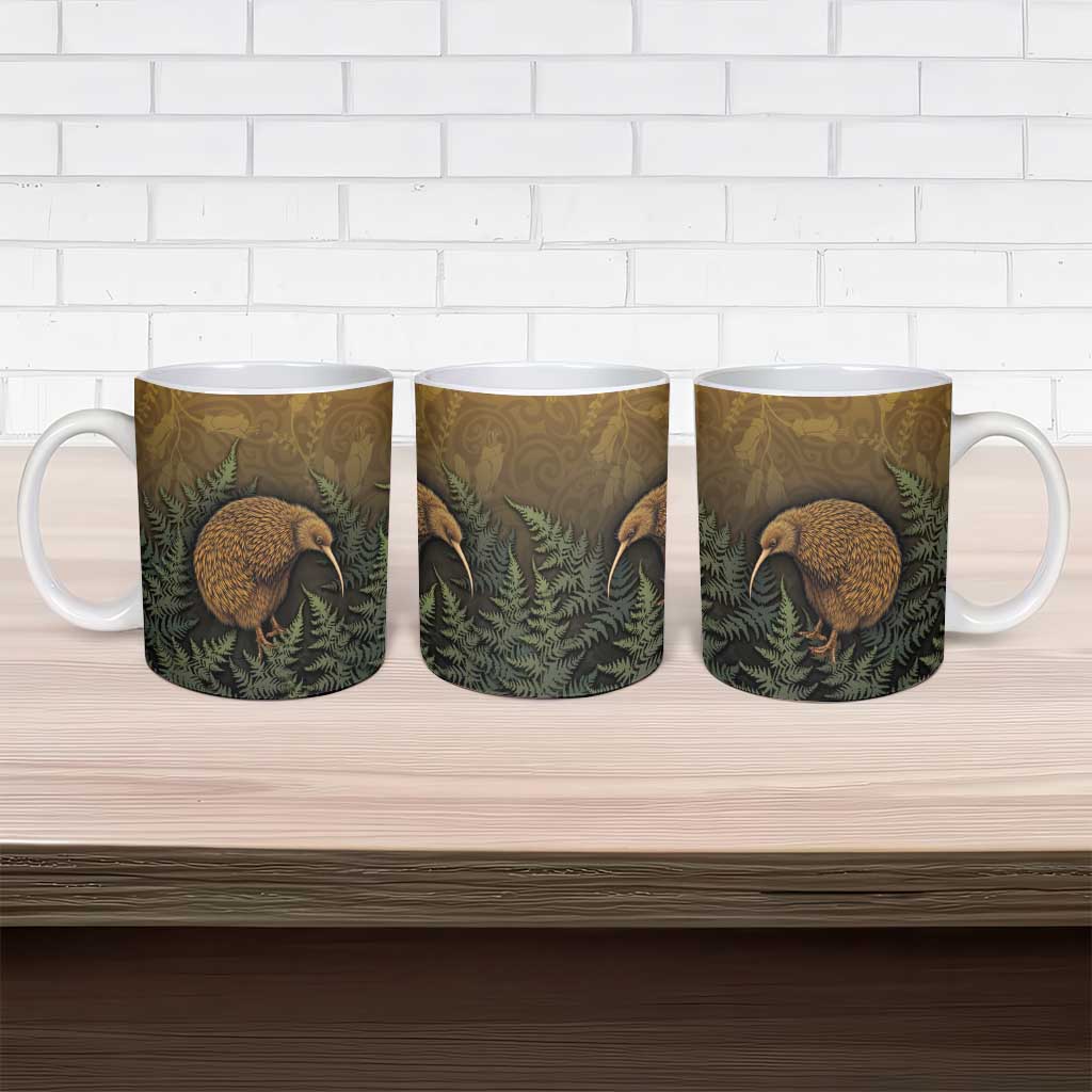 New Zealand Kiwi Bird Ceramic Mug Silver Fern Mix Maori Pattern