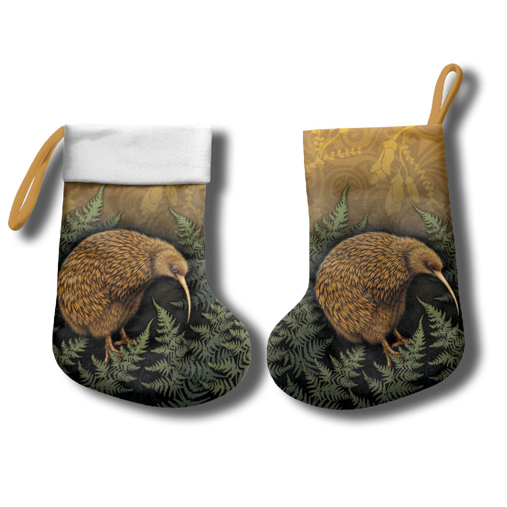 New Zealand Kiwi Bird Christmas Stocking Silver Fern Mix Maori Pattern LT05 - Polynesian Pride