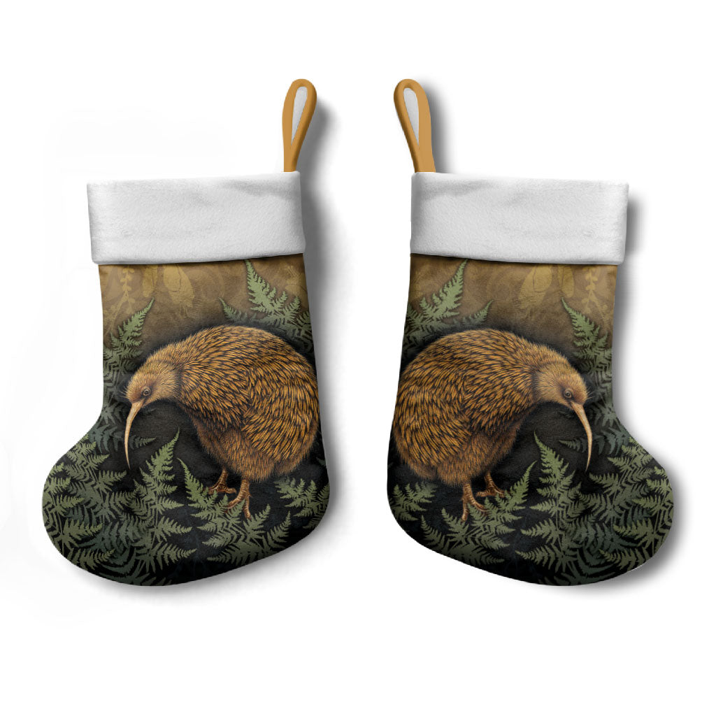 New Zealand Kiwi Bird Christmas Stocking Silver Fern Mix Maori Pattern LT05 - Polynesian Pride