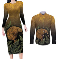 New Zealand Kiwi Bird Couples Matching Long Sleeve Bodycon Dress and Long Sleeve Button Shirt Silver Fern Mix Maori Pattern LT05 Brown - Polynesian Pride