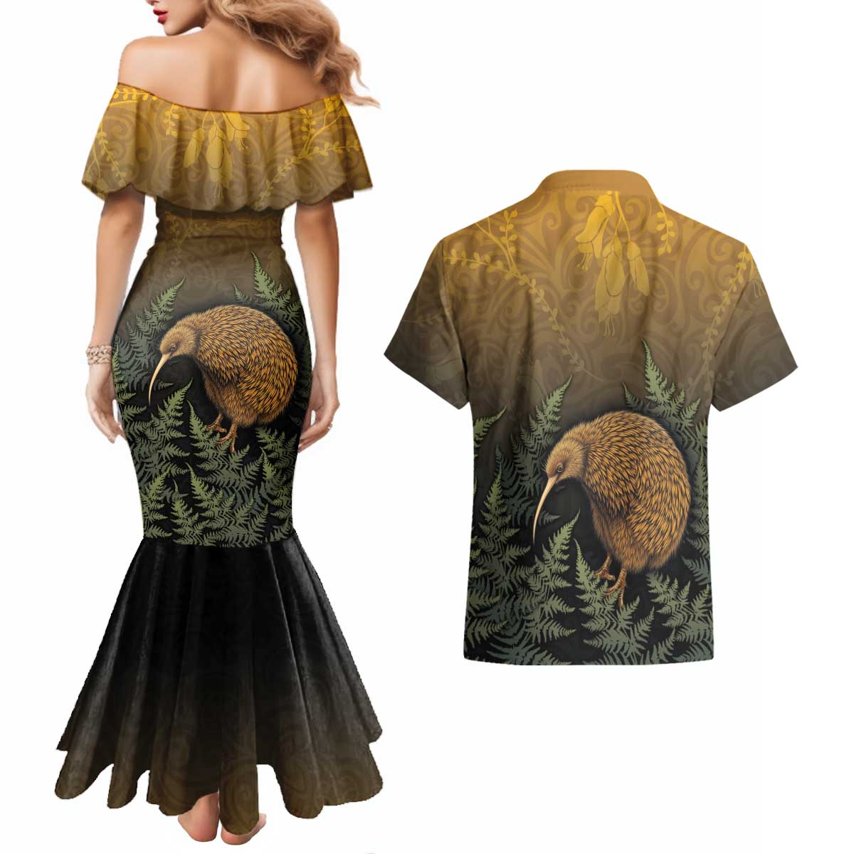 New Zealand Kiwi Bird Couples Matching Mermaid Dress and Hawaiian Shirt Silver Fern Mix Maori Pattern LT05 - Polynesian Pride