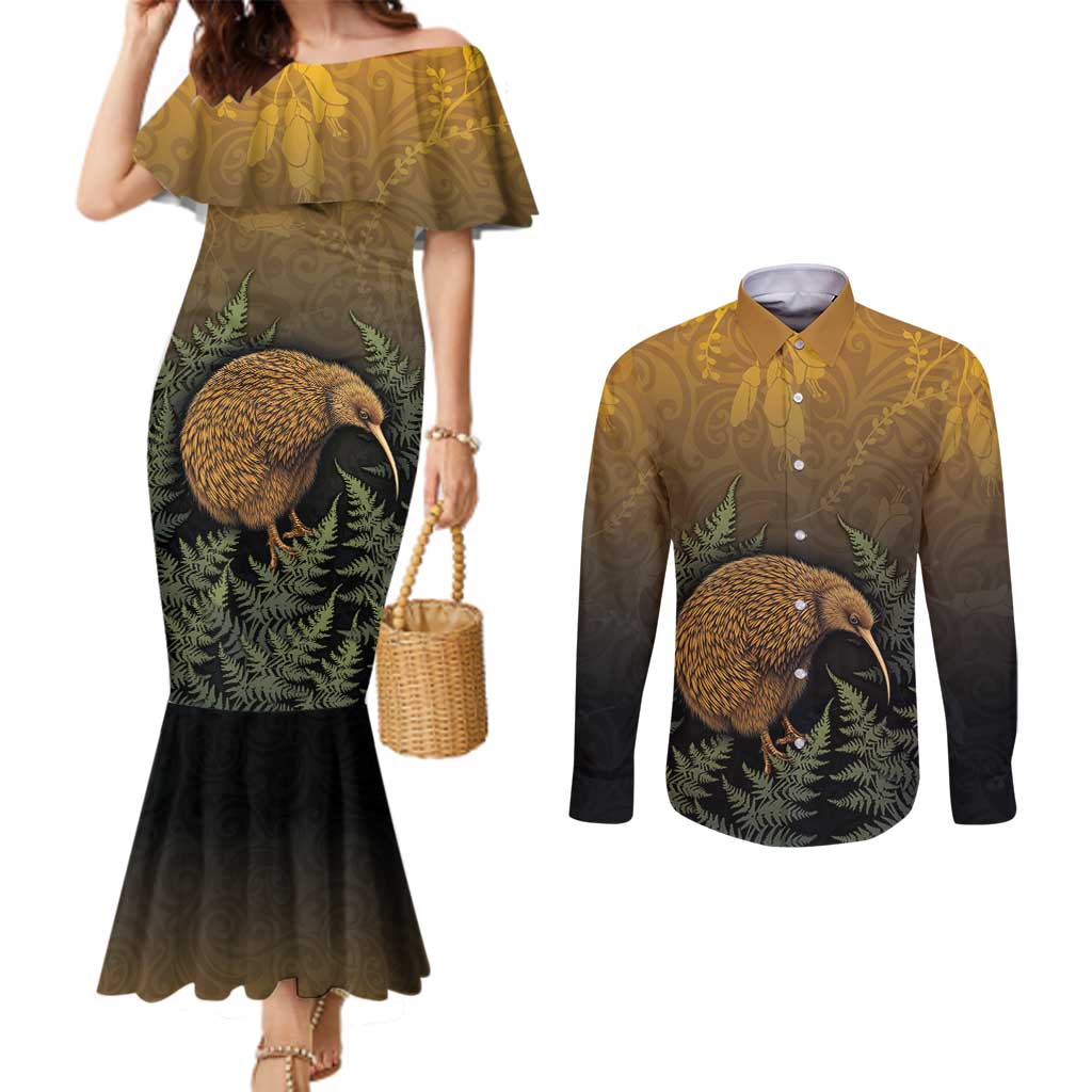 New Zealand Kiwi Bird Couples Matching Mermaid Dress and Long Sleeve Button Shirt Silver Fern Mix Maori Pattern LT05 Brown - Polynesian Pride
