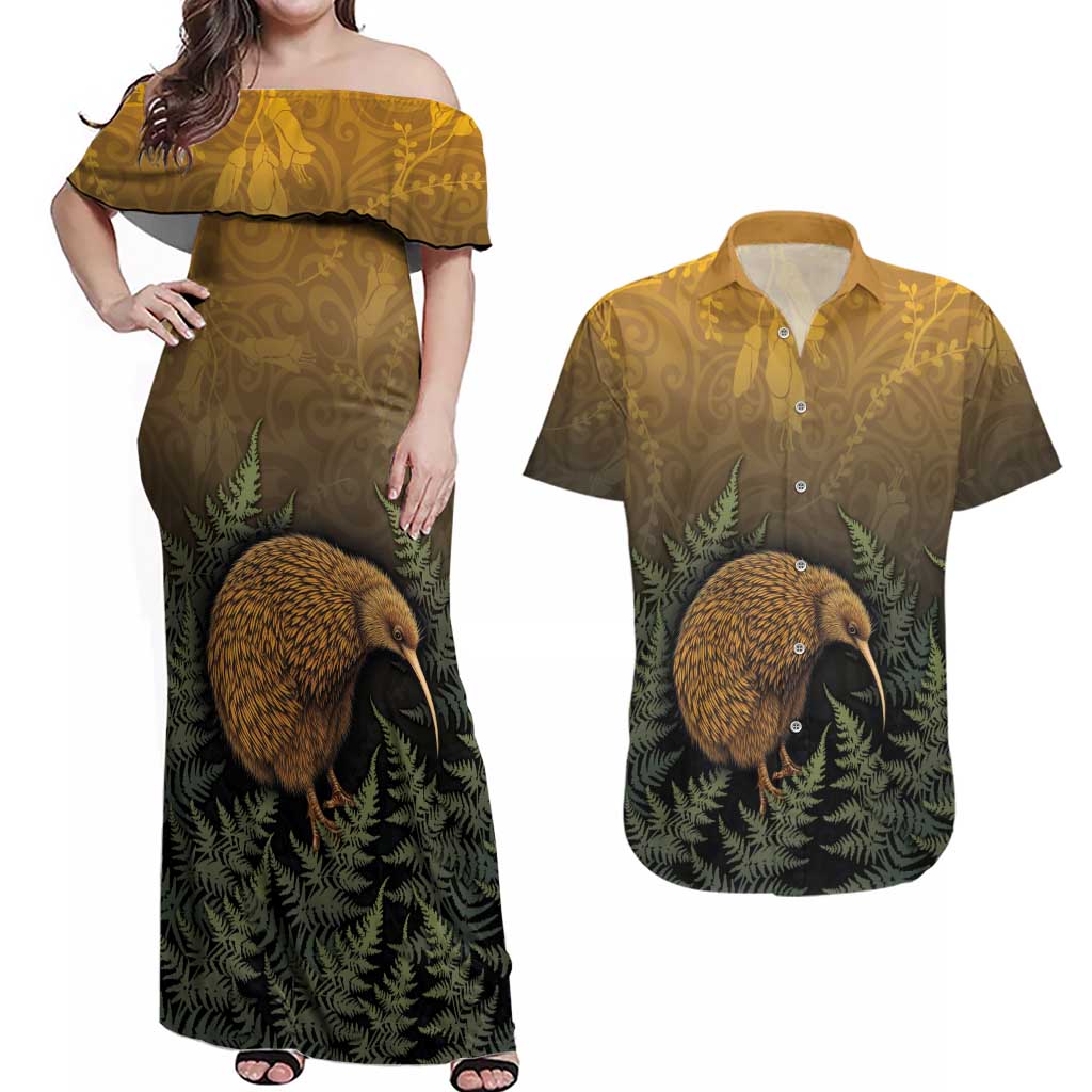 New Zealand Kiwi Bird Couples Matching Off Shoulder Maxi Dress and Hawaiian Shirt Silver Fern Mix Maori Pattern LT05 Brown - Polynesian Pride