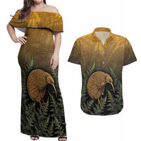 New Zealand Kiwi Bird Couples Matching Off Shoulder Maxi Dress and Hawaiian Shirt Silver Fern Mix Maori Pattern LT05 Brown - Polynesian Pride
