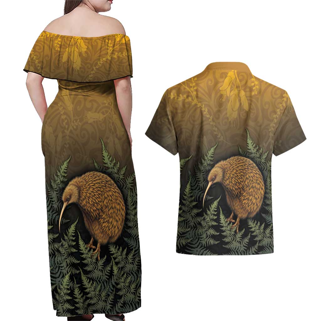 New Zealand Kiwi Bird Couples Matching Off Shoulder Maxi Dress and Hawaiian Shirt Silver Fern Mix Maori Pattern LT05 - Polynesian Pride