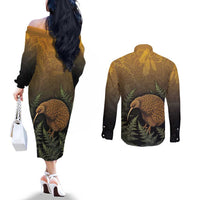 New Zealand Kiwi Bird Couples Matching Off The Shoulder Long Sleeve Dress and Long Sleeve Button Shirt Silver Fern Mix Maori Pattern LT05 - Polynesian Pride