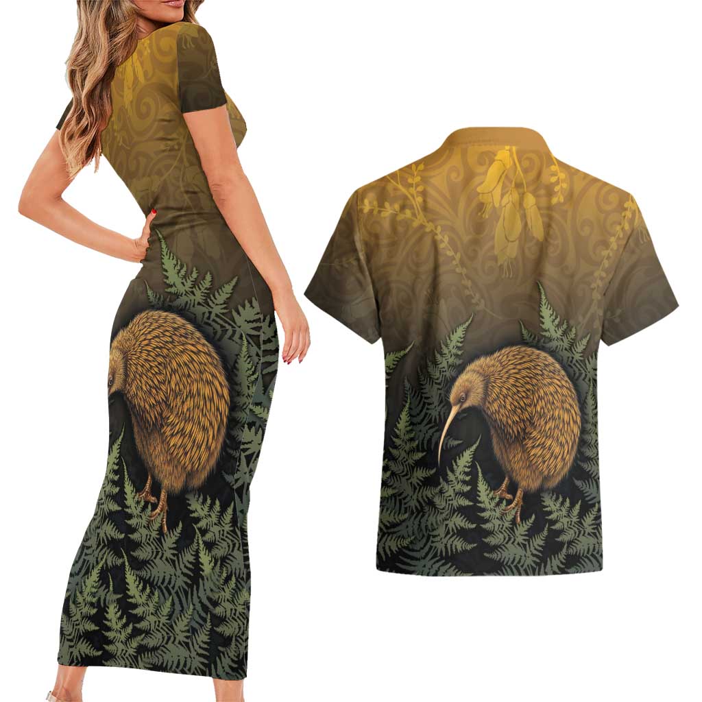 New Zealand Kiwi Bird Couples Matching Short Sleeve Bodycon Dress and Hawaiian Shirt Silver Fern Mix Maori Pattern LT05 - Polynesian Pride