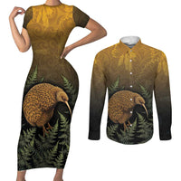 New Zealand Kiwi Bird Couples Matching Short Sleeve Bodycon Dress and Long Sleeve Button Shirt Silver Fern Mix Maori Pattern LT05 Brown - Polynesian Pride