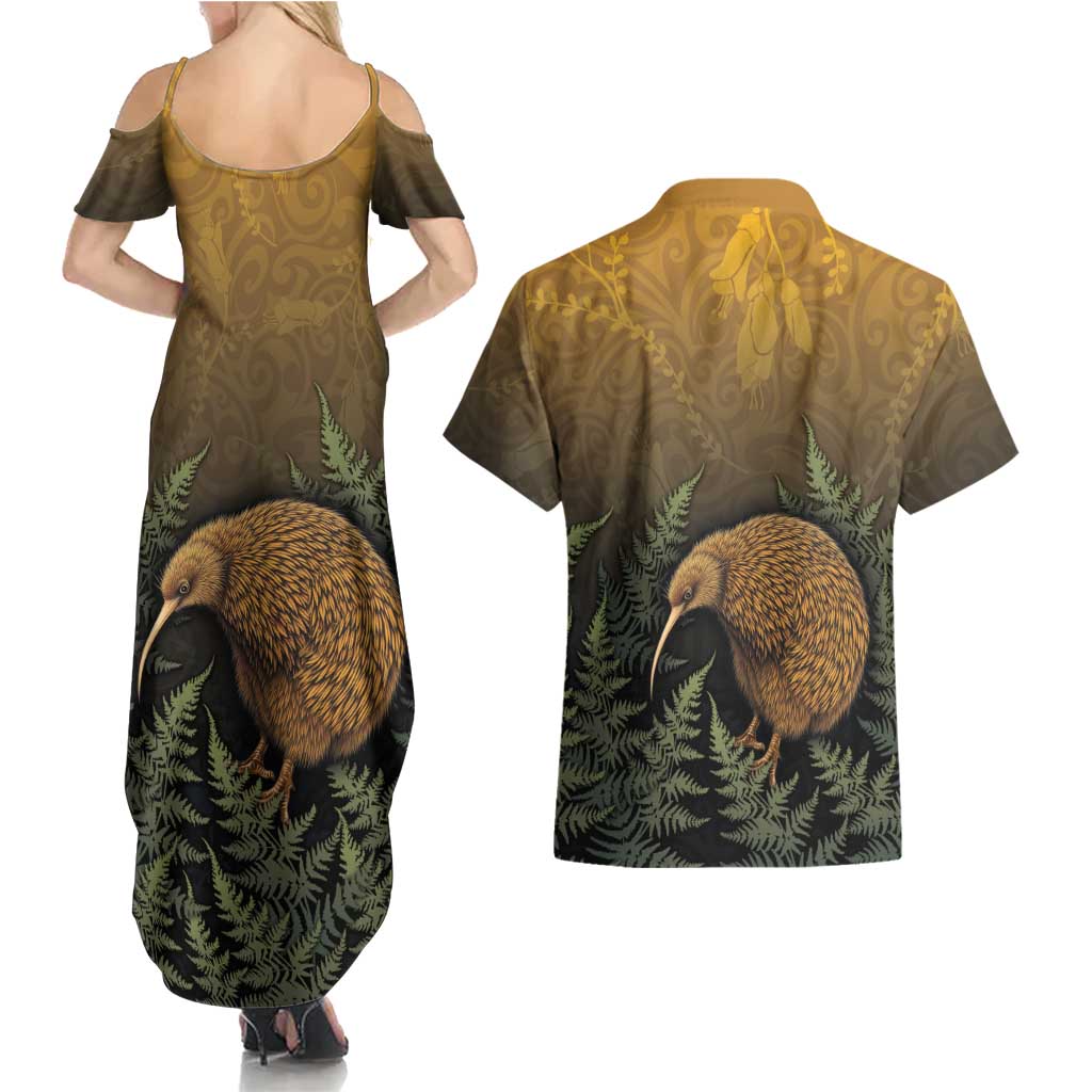 New Zealand Kiwi Bird Couples Matching Summer Maxi Dress and Hawaiian Shirt Silver Fern Mix Maori Pattern LT05 - Polynesian Pride