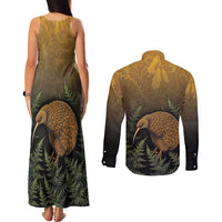 New Zealand Kiwi Bird Couples Matching Tank Maxi Dress and Long Sleeve Button Shirt Silver Fern Mix Maori Pattern