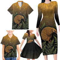 New Zealand Kiwi Bird Family Matching Long Sleeve Bodycon Dress and Hawaiian Shirt Silver Fern Mix Maori Pattern LT05 - Polynesian Pride