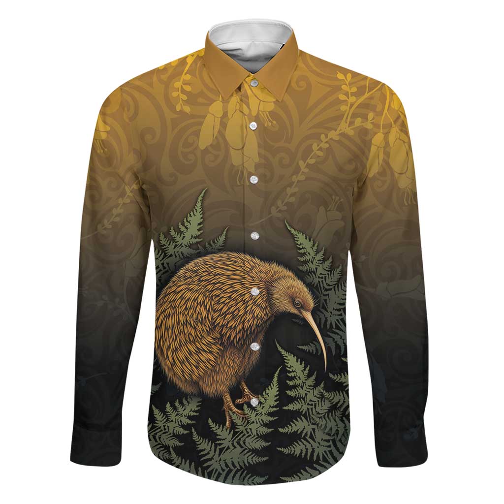 New Zealand Kiwi Bird Family Matching Mermaid Dress and Hawaiian Shirt Silver Fern Mix Maori Pattern LT05 Dad's Shirt - Long Sleeve Brown - Polynesian Pride