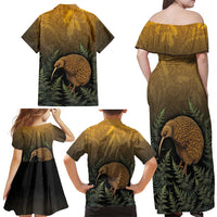 New Zealand Kiwi Bird Family Matching Off Shoulder Maxi Dress and Hawaiian Shirt Silver Fern Mix Maori Pattern LT05 - Polynesian Pride