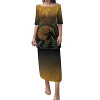 New Zealand Kiwi Bird Family Matching Puletasi and Hawaiian Shirt Silver Fern Mix Maori Pattern LT05 Mom's Dress Brown - Polynesian Pride