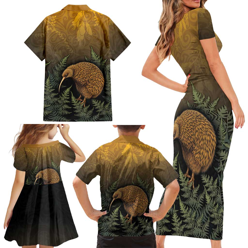 New Zealand Kiwi Bird Family Matching Short Sleeve Bodycon Dress and Hawaiian Shirt Silver Fern Mix Maori Pattern LT05 - Polynesian Pride