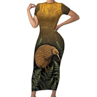 New Zealand Kiwi Bird Family Matching Short Sleeve Bodycon Dress and Hawaiian Shirt Silver Fern Mix Maori Pattern LT05 Mom's Dress Brown - Polynesian Pride