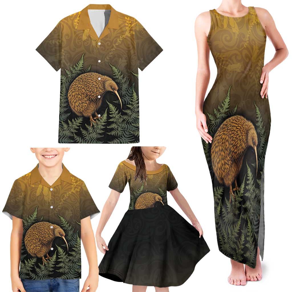 New Zealand Kiwi Bird Family Matching Tank Maxi Dress and Hawaiian Shirt Silver Fern Mix Maori Pattern LT05 - Polynesian Pride
