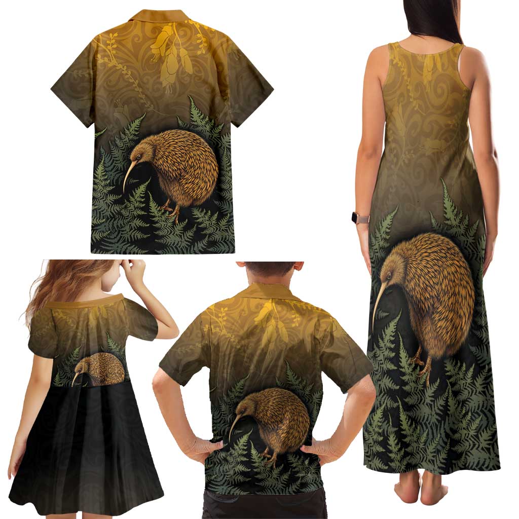 New Zealand Kiwi Bird Family Matching Tank Maxi Dress and Hawaiian Shirt Silver Fern Mix Maori Pattern LT05 - Polynesian Pride