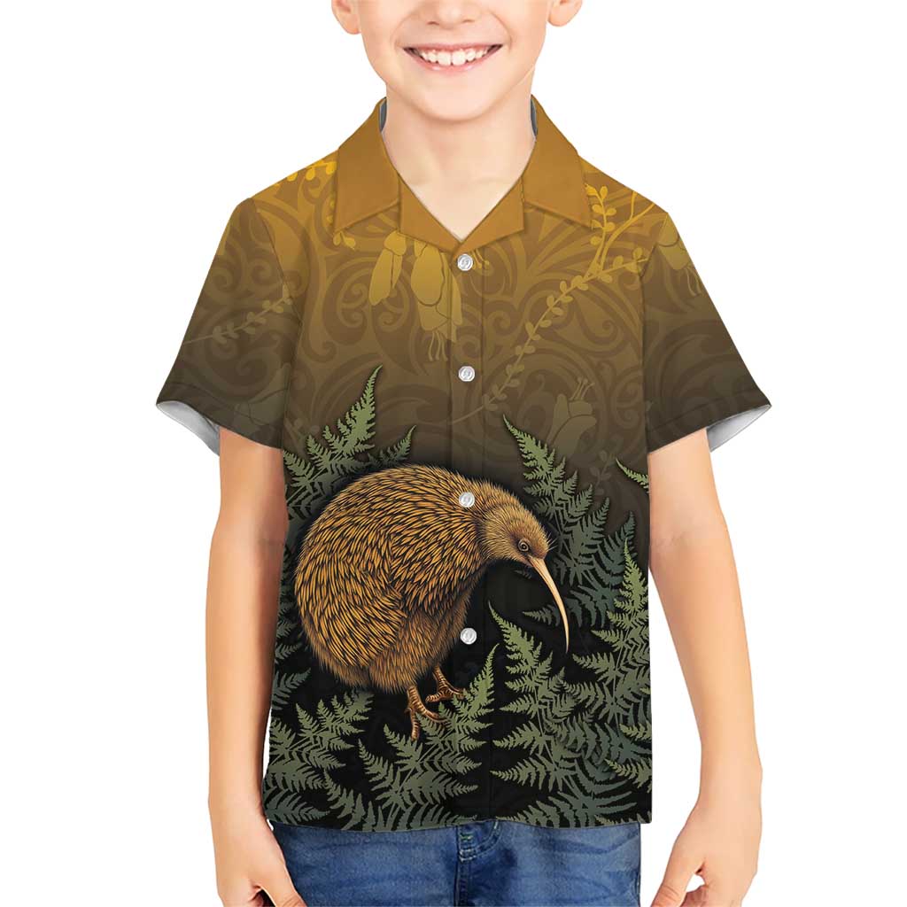 New Zealand Kiwi Bird Kid Hawaiian Shirt Silver Fern Mix Maori Pattern