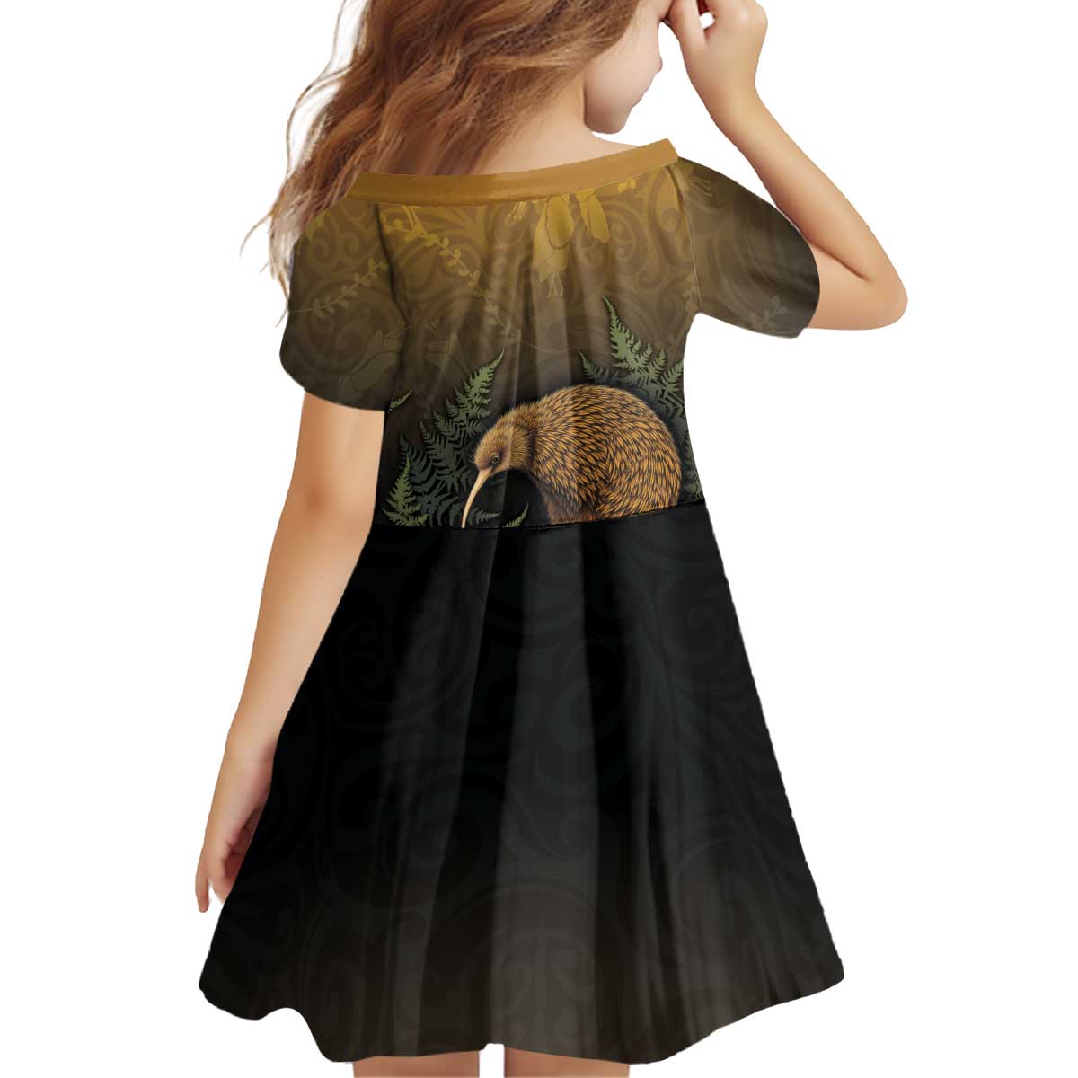 New Zealand Kiwi Bird Kid Short Sleeve Dress Silver Fern Mix Maori Pattern