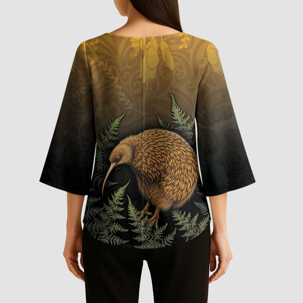 New Zealand Kiwi Bird Kimono Sleeve Blouse Silver Fern Mix Maori Pattern