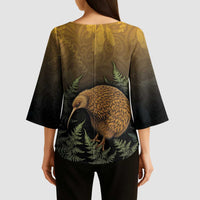 New Zealand Kiwi Bird Kimono Sleeve Blouse Silver Fern Mix Maori Pattern