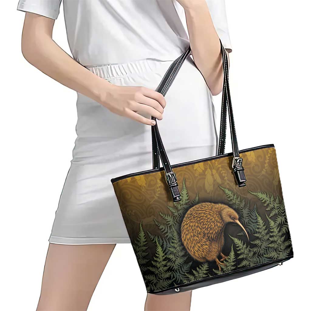 New Zealand Kiwi Bird Leather Tote Bag Silver Fern Mix Maori Pattern