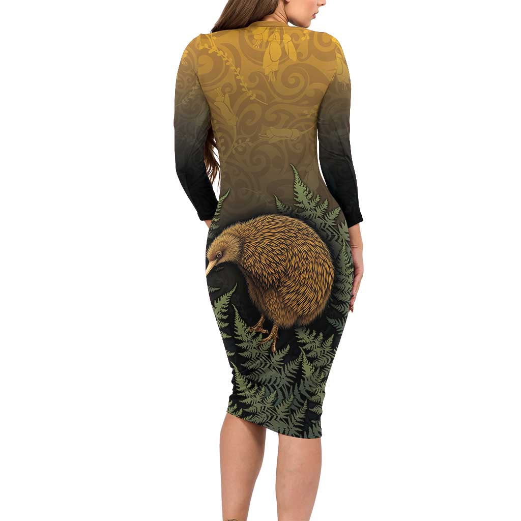 New Zealand Kiwi Bird Long Sleeve Bodycon Dress Silver Fern Mix Maori Pattern