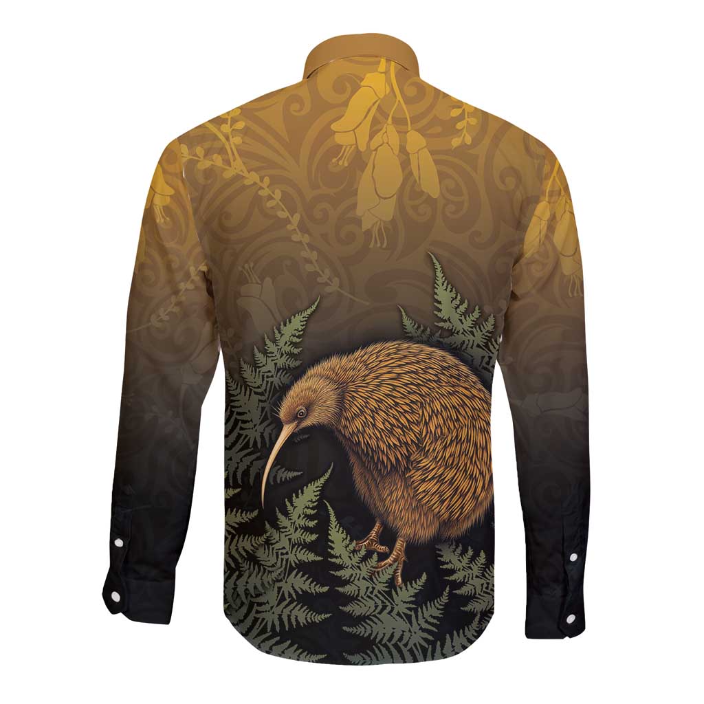 New Zealand Kiwi Bird Long Sleeve Button Shirt Silver Fern Mix Maori Pattern