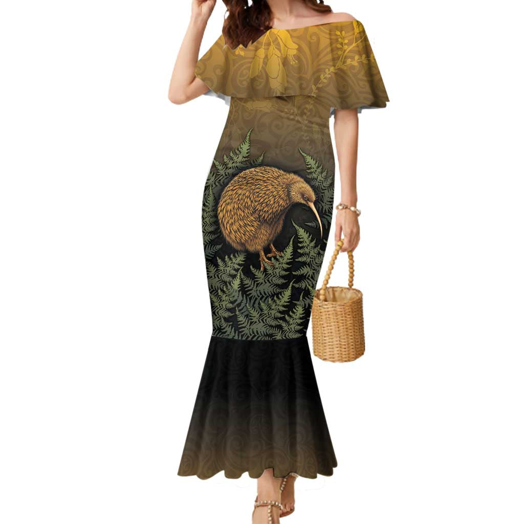 New Zealand Kiwi Bird Mermaid Dress Silver Fern Mix Maori Pattern