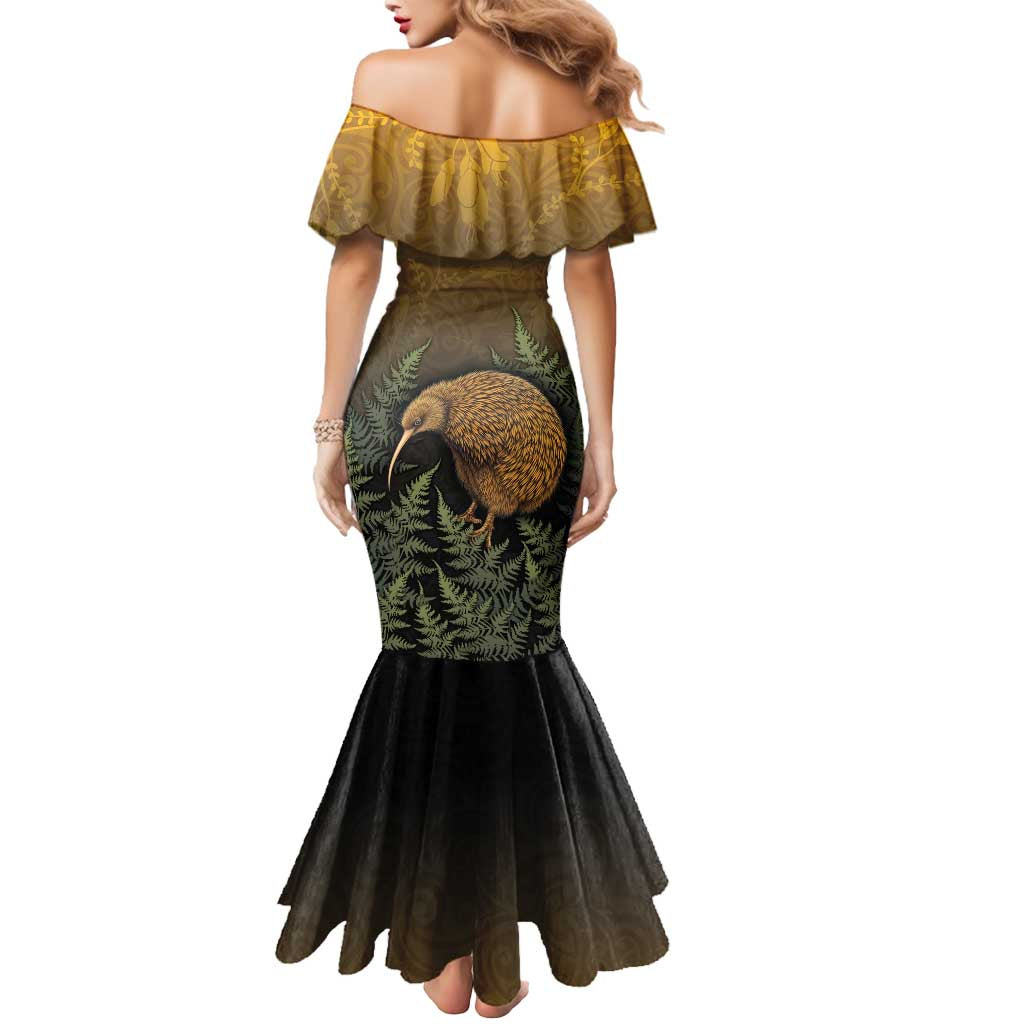 New Zealand Kiwi Bird Mermaid Dress Silver Fern Mix Maori Pattern