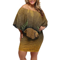 New Zealand Kiwi Bird Off Shoulder Short Dress Silver Fern Mix Maori Pattern LT05 Women Brown - Polynesian Pride
