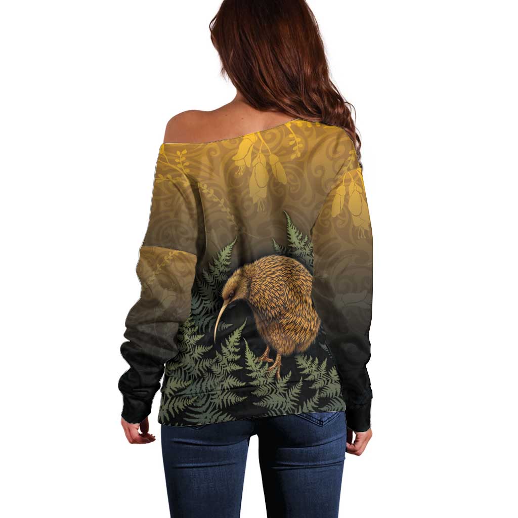 New Zealand Kiwi Bird Off Shoulder Sweater Silver Fern Mix Maori Pattern