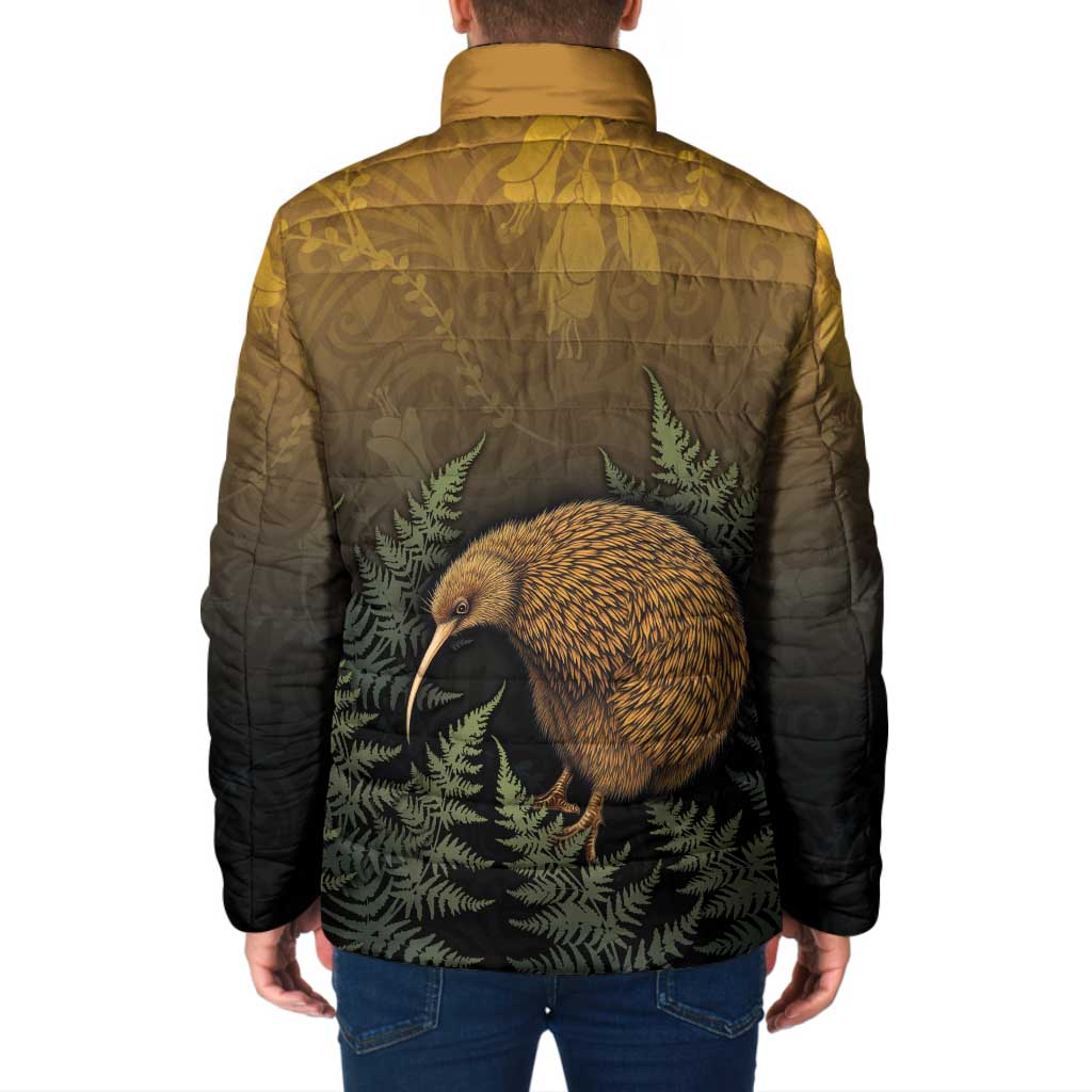 New Zealand Kiwi Bird Padded Jacket Silver Fern Mix Maori Pattern