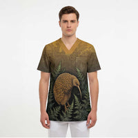 New Zealand Kiwi Bird Scrub Top Silver Fern Mix Maori Pattern