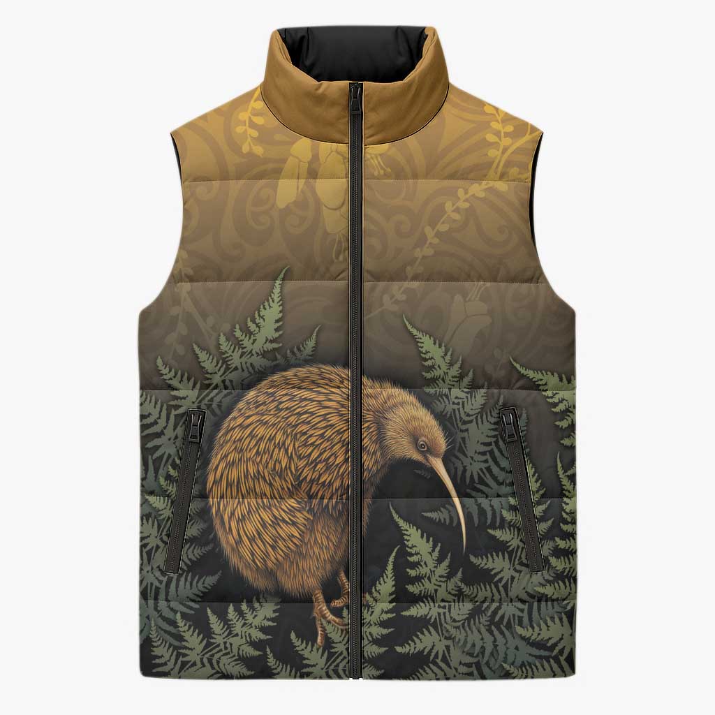 New Zealand Kiwi Bird Sleeveless Puffer Jacket Silver Fern Mix Maori Pattern