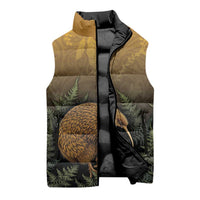 New Zealand Kiwi Bird Sleeveless Puffer Jacket Silver Fern Mix Maori Pattern