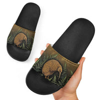 New Zealand Kiwi Bird Slide Sandals Silver Fern Mix Maori Pattern